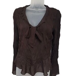 Y2K Whimseygoth Sunny Taylor Womens Brown Burnout Lace Trim Long Sleeve Blouse S